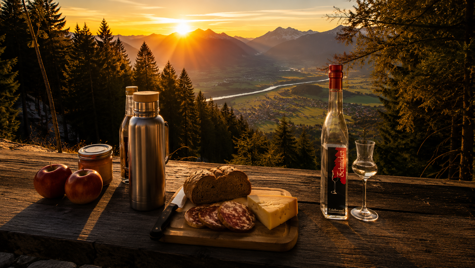 Schnapsbrennerei Tirol – Genussmoment bei Sonnenuntergang mit Blick über Ebbs und die Tiroler Berge