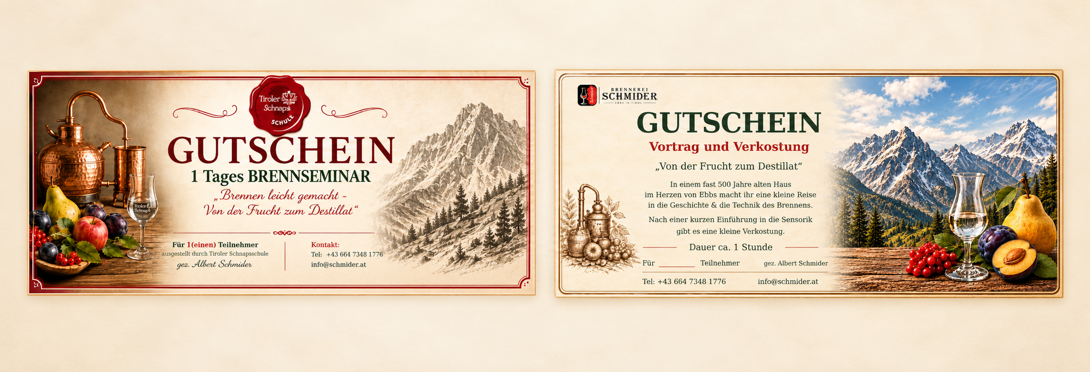 Beispiele für Gutscheine der Tiroler Schnapsschule